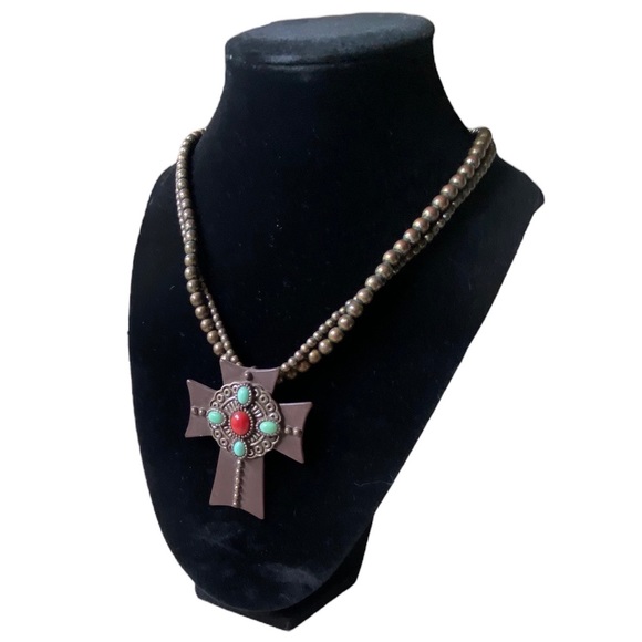 Bohemian Style Double Beaded Cross Turquoise Pendant Necklace - Picture 4 of 5